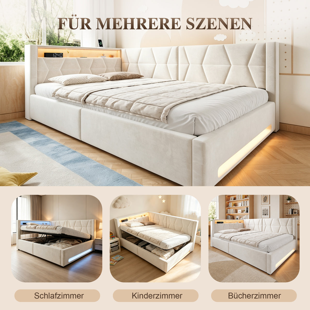Upholstered Bed 140x200cm with Storage & LED Light in Beige Velvet