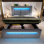 Single Hydraulic Bed 90x200 cm with LED, Storage, Charging Ports and Mattress, Grey Velvet