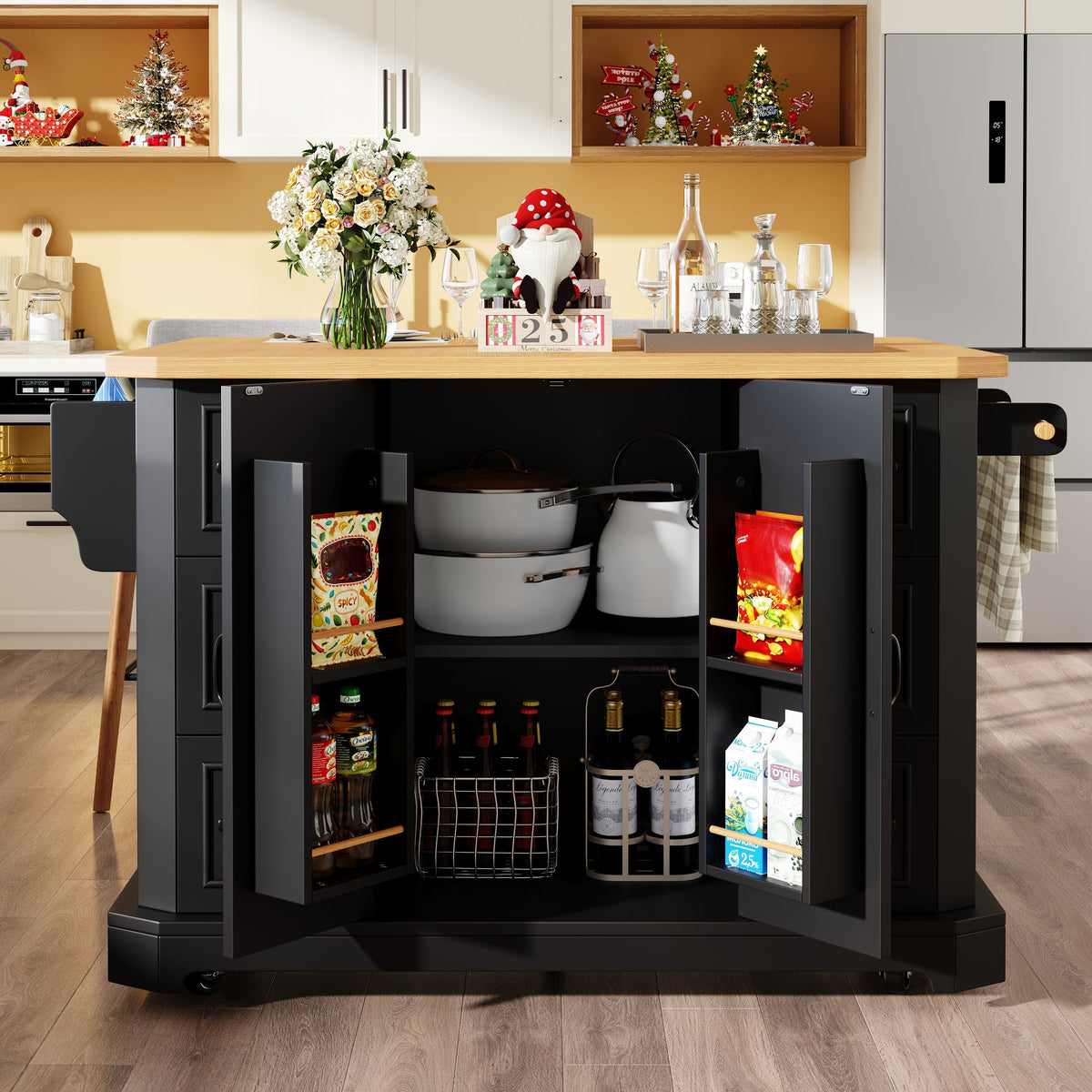 Mobile Kitchen Island with 2 Doors and 6 Drawers, White and Black