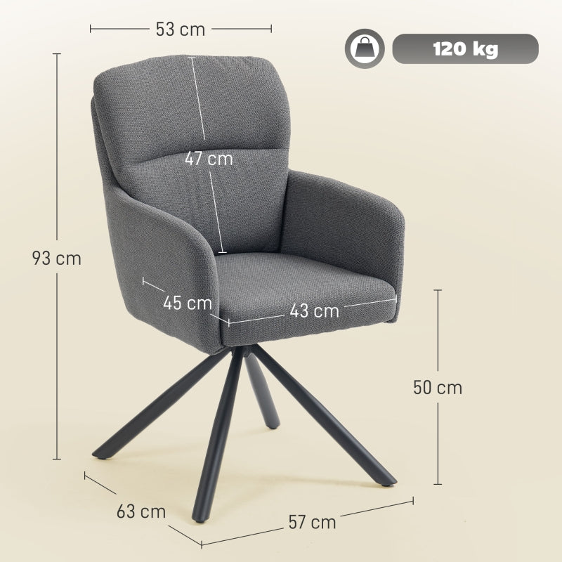 Upholstered Dining Chair, Thick Padding, Armrests, Metal Legs, Grey