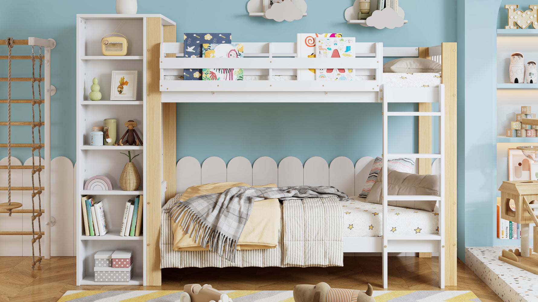 Bunk Bed, Child's with Ladder, Storage & Wardrobe, Pine+PB White+Natural