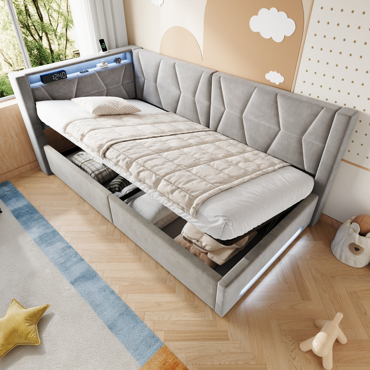Upholstered Bed 90x200 cm with Storage & LED, Grey Velvet