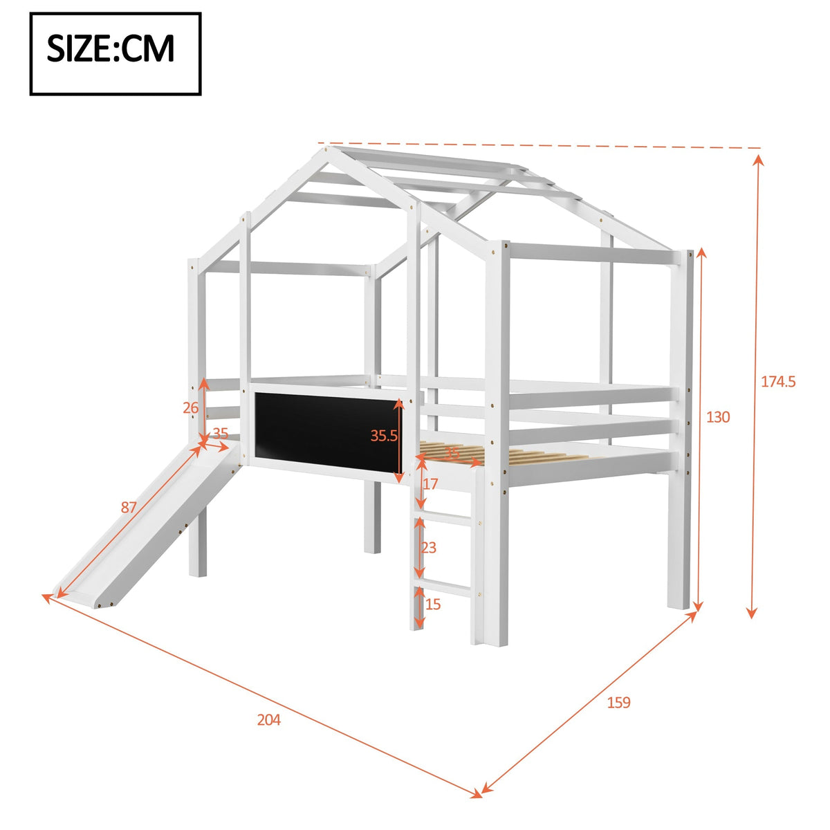 Children's Bed Attic Design, Ladder, Slide, Graffiti Board, Multifunctional Solid Wood, White