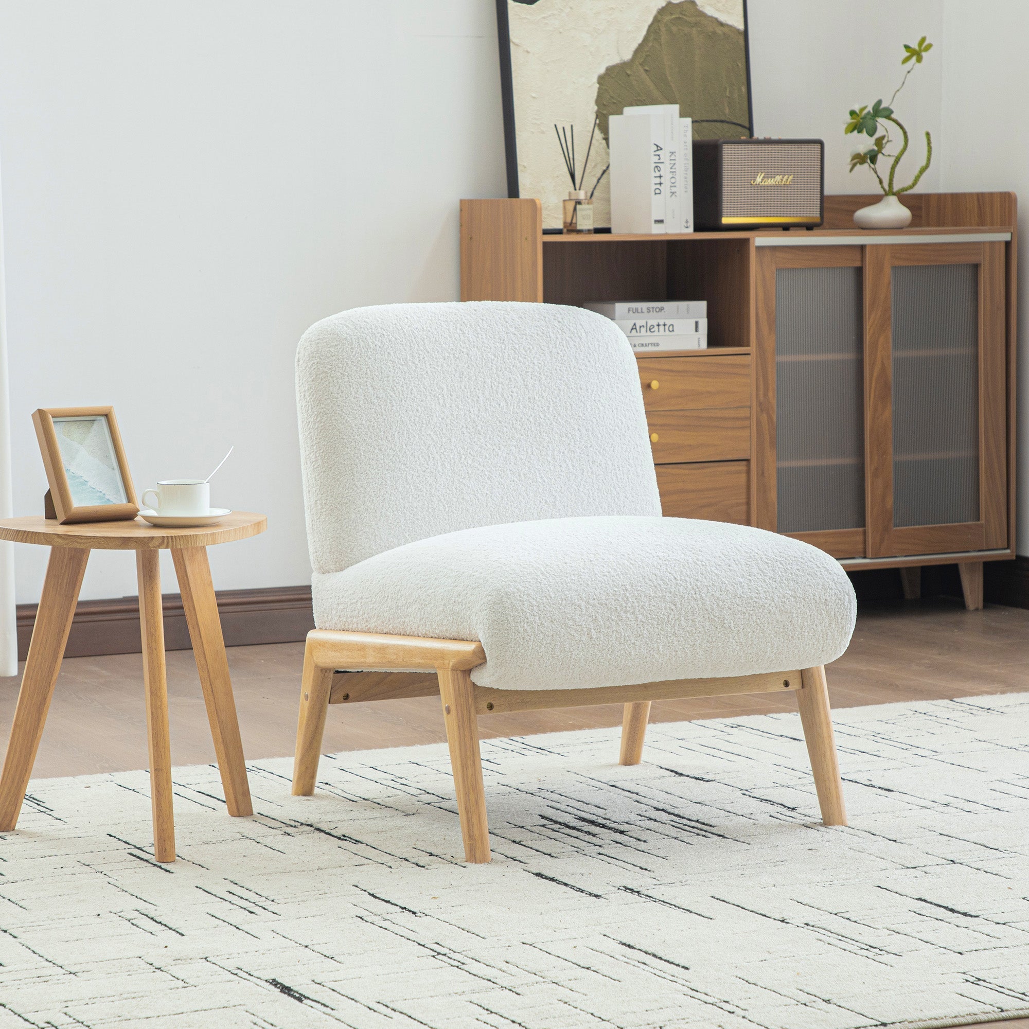 Scandinavian Lounge Chair with Wooden Frame and Soft Chenille Fabric, Ivory