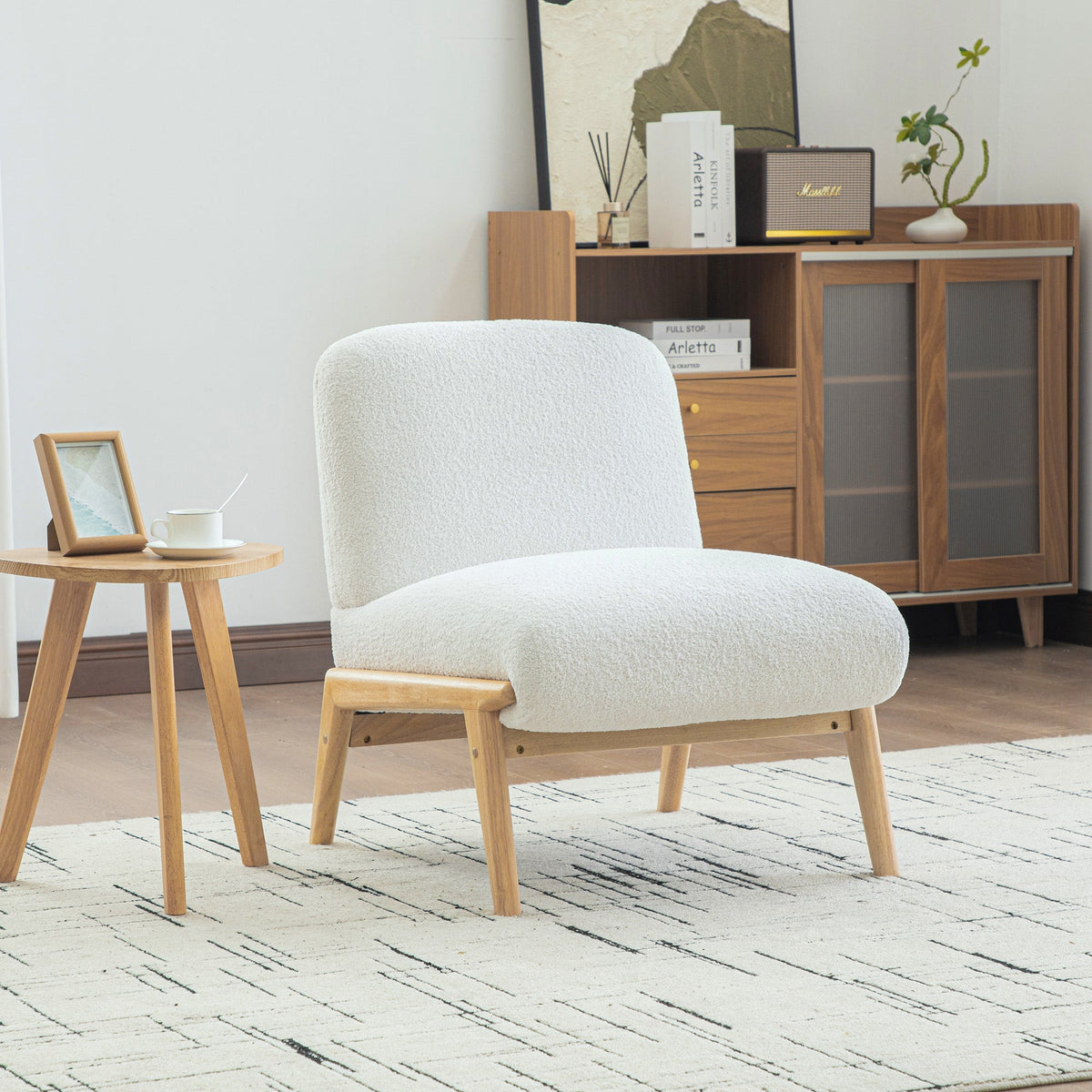 Scandinavian Lounge Chair with Wooden Frame and Soft Chenille Fabric, Ivory