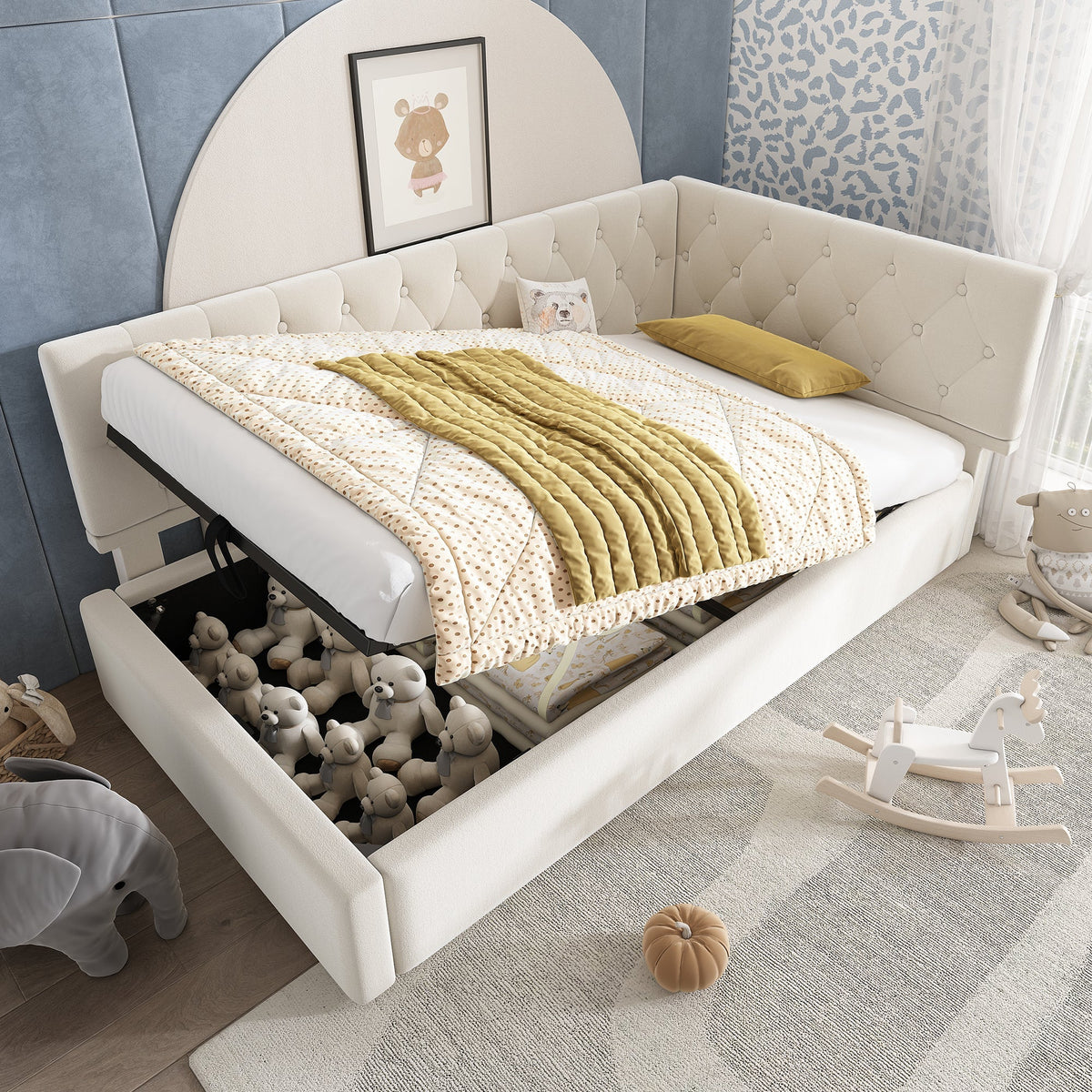 Upholstered Bed, Day Bed Sofa Bed with Hydraulic Storage, 90x190cm, Velvet Beige