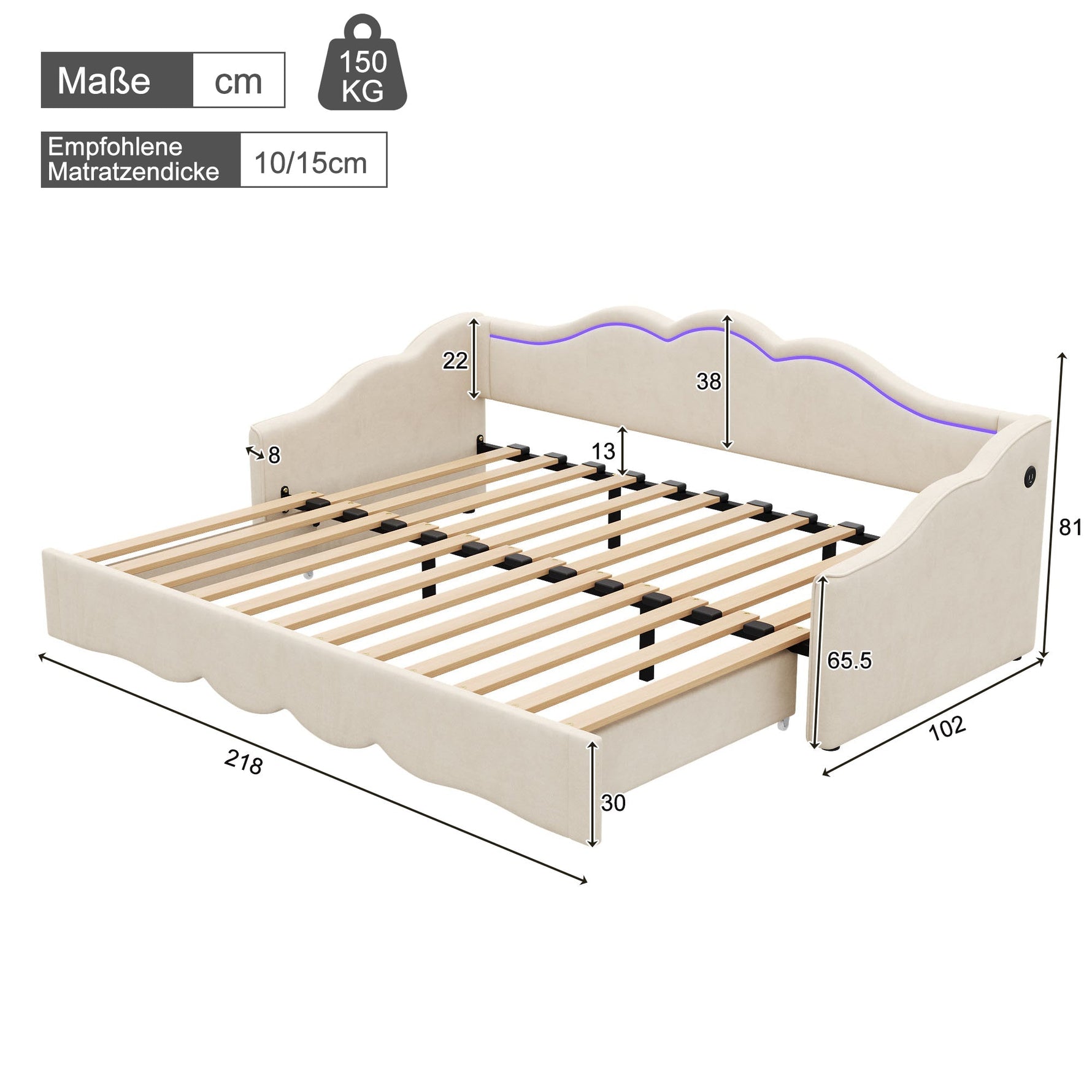 Upholstered Daybed, 90x200cm Extendable to 180cm with LED and USB Port, Beige Velvet