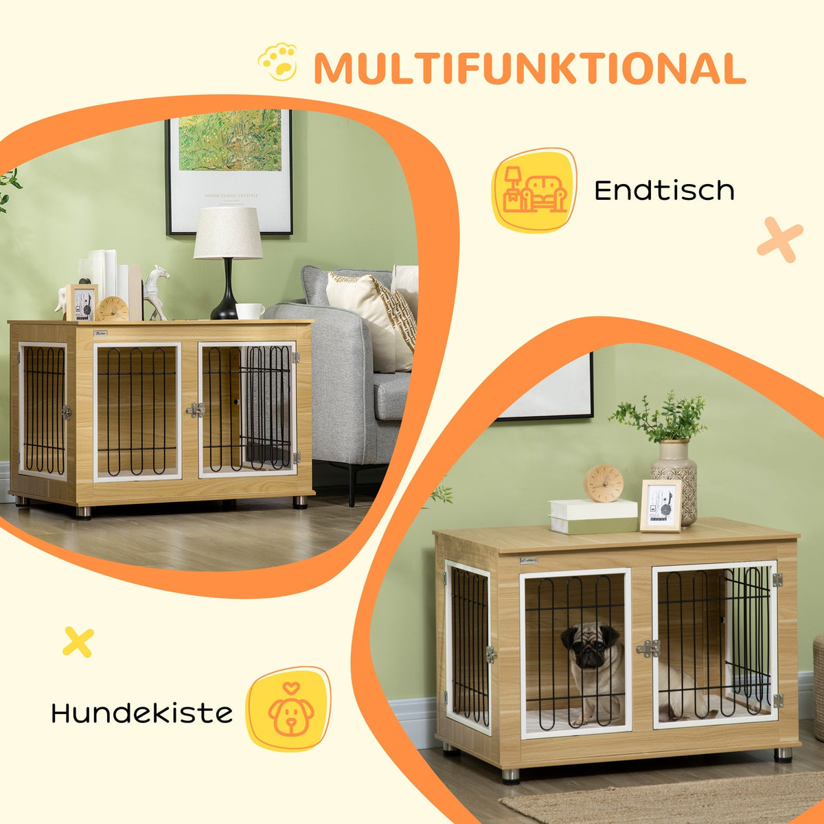 Dog Kennel, Table Top, Double Doors, Cushions, Oak