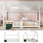 Children's House Bed 90 x 200 cm, with Blackboard & Slatted Frame, White Pinewood