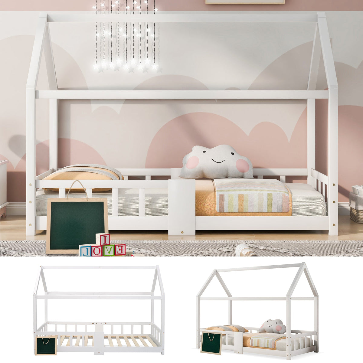 Children's House Bed 90 x 200 cm, with Blackboard & Slatted Frame, White Pinewood