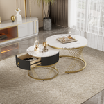 Modular Coffee Table Set of 2, Marble Look Drawers Gold Decor