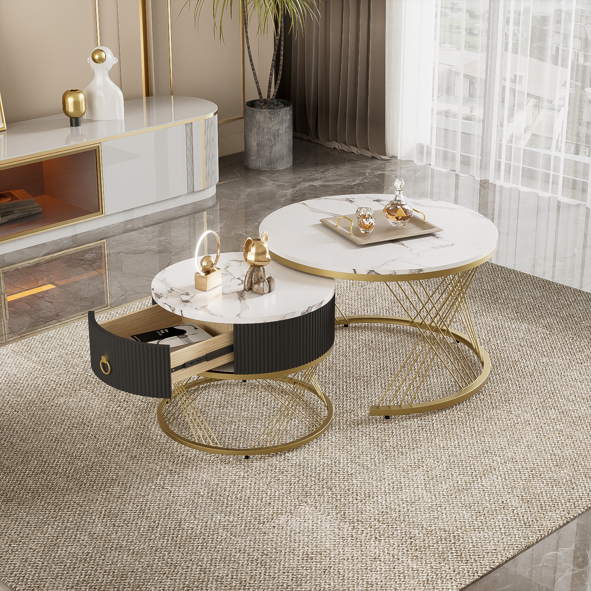 Modular Coffee Table Set of 2, Marble Look Drawers Gold Decor
