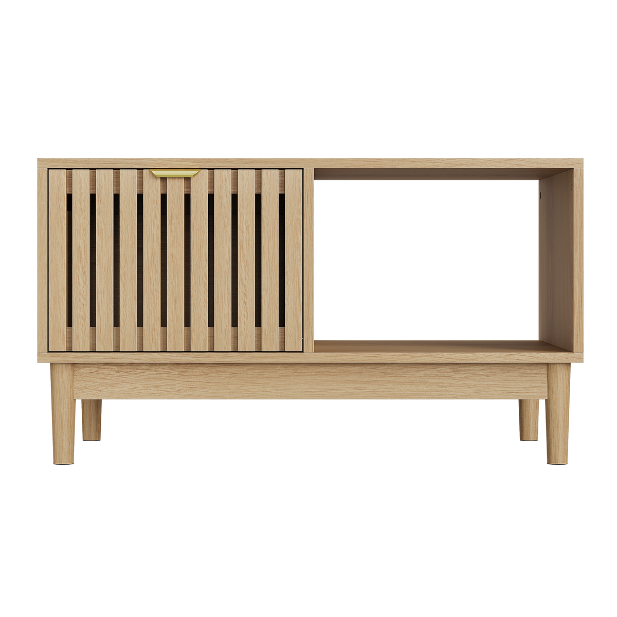 Mid-Century Modern Coffee Table with Drawer and Open Shelves, 80cm, Oak Color