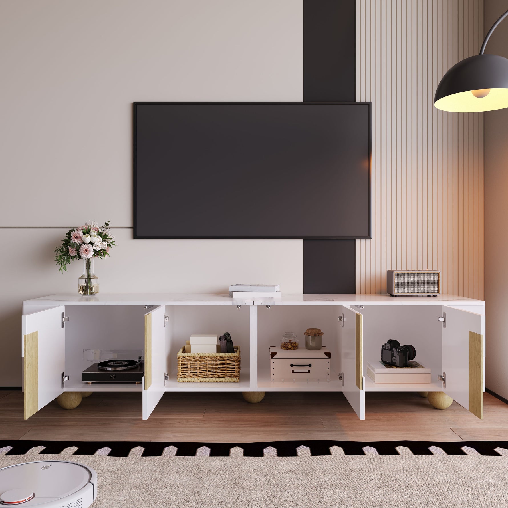 TV Cabinet 180cm 4 Doors Marble-Effect Spherical Feet, White