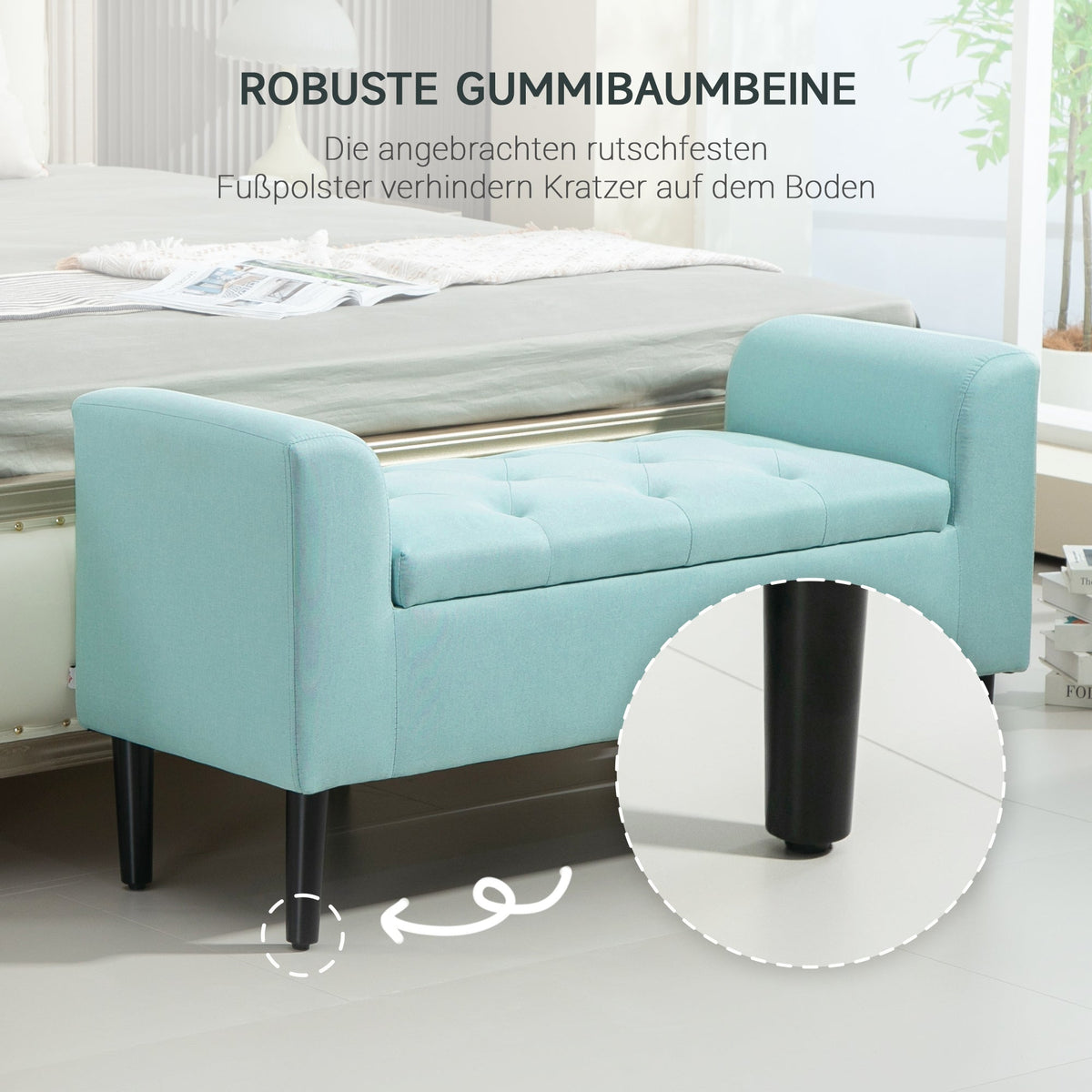 Storage Bench, Upholstered with Storage Box, Linen Look Green