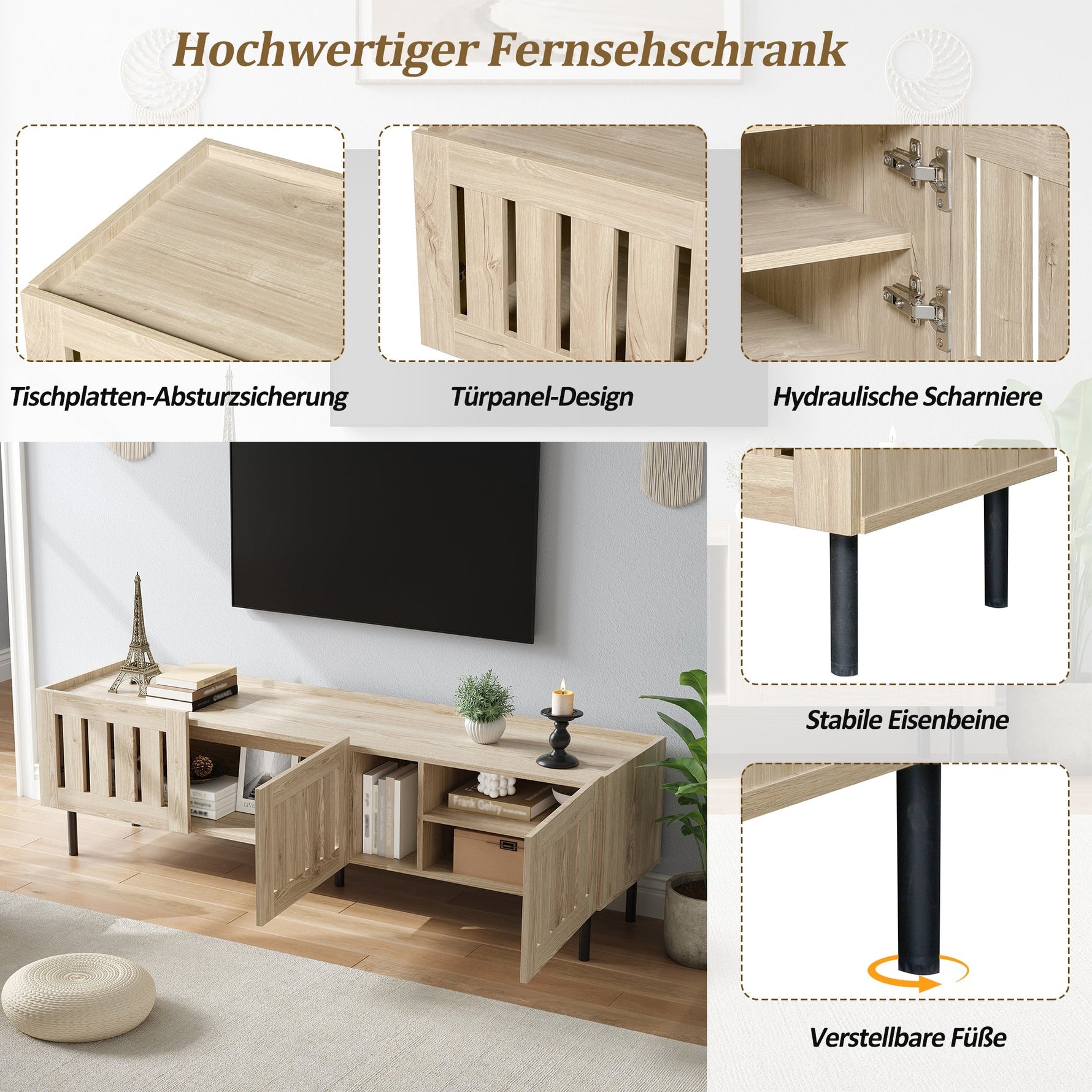 Minimalist Lowboard TV Stand 160cm Openwork Design for 65-inch TV - Natural Wood