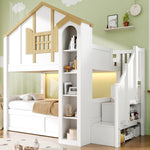 Bunk Bed with Hydraulic Lift & Storage Stairs, Solid Wood White
