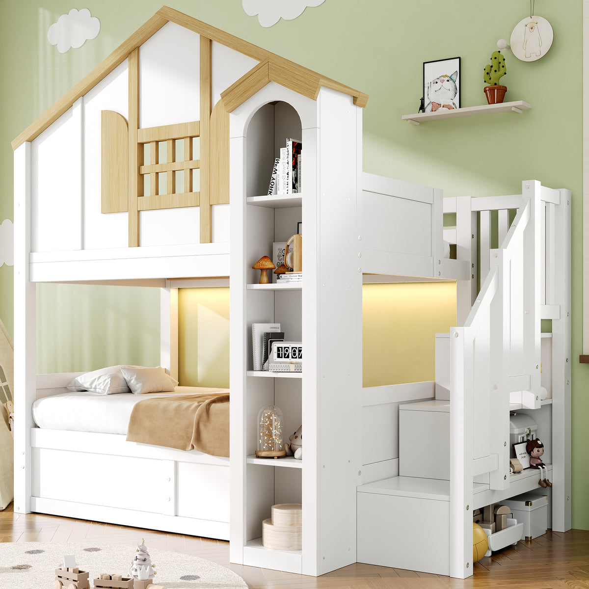 Bunk Bed with Hydraulic Lift & Storage Stairs, Solid Wood White
