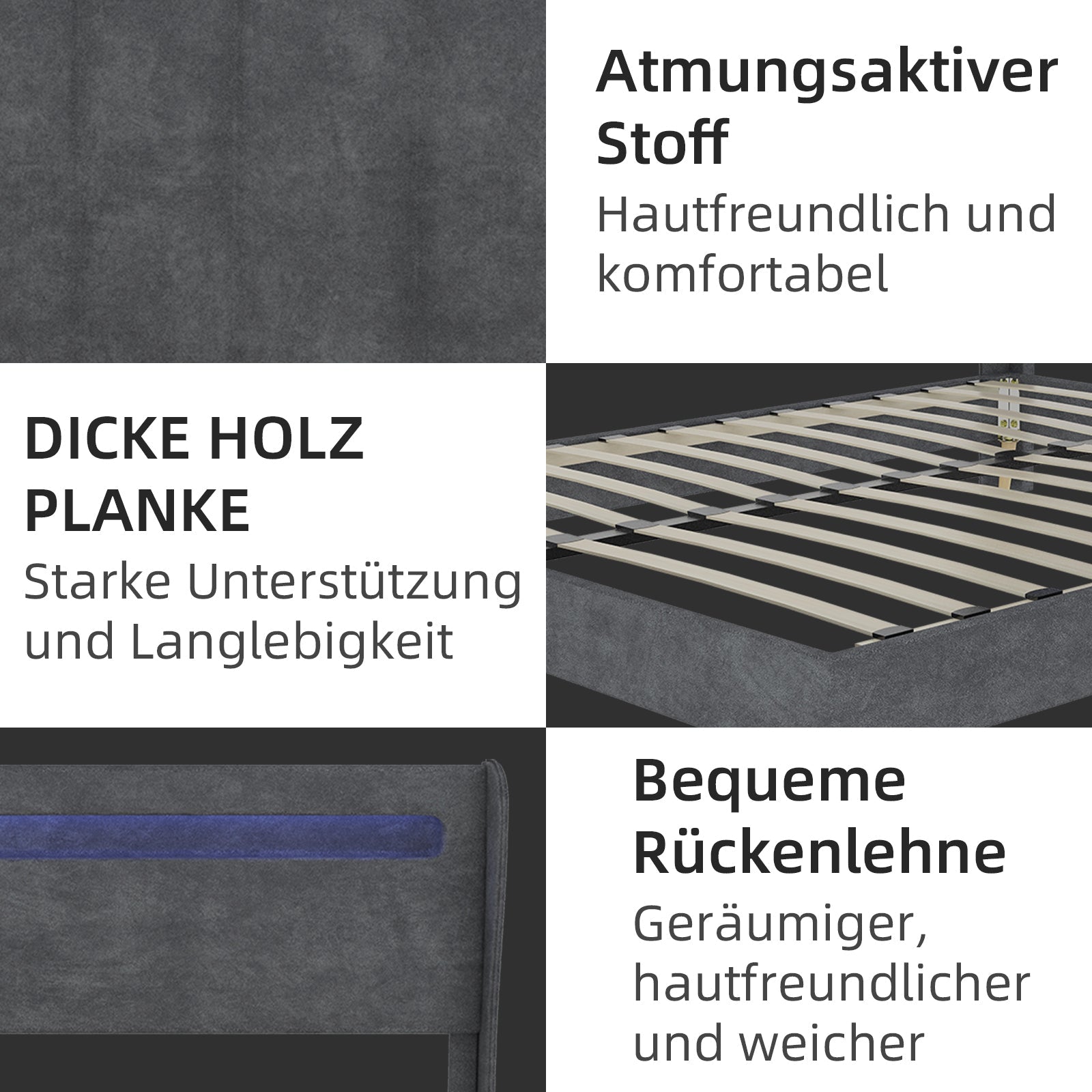 Modern Minimalist Upholstered Bed, Soft LED-Integrated Headboard, Low-Profile Non-Storage, 140x200 cm Grey