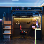 Metal Loft Bed with Desk, Shelf, LED Lighting and Socket, 90x200cm, Black Metal