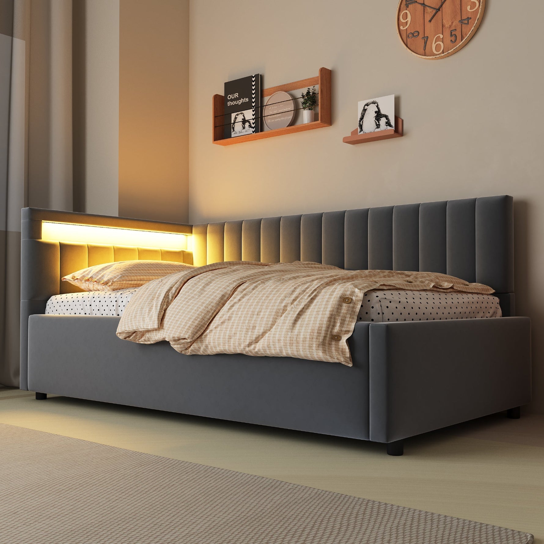 Upholstered Sofa Bed with LED Lighting and Hydraulic Storage, Velvet Beige/Gray
