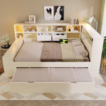 Storage Bed 140x200 with Pull-Out Bed & USB Ports, White Wood