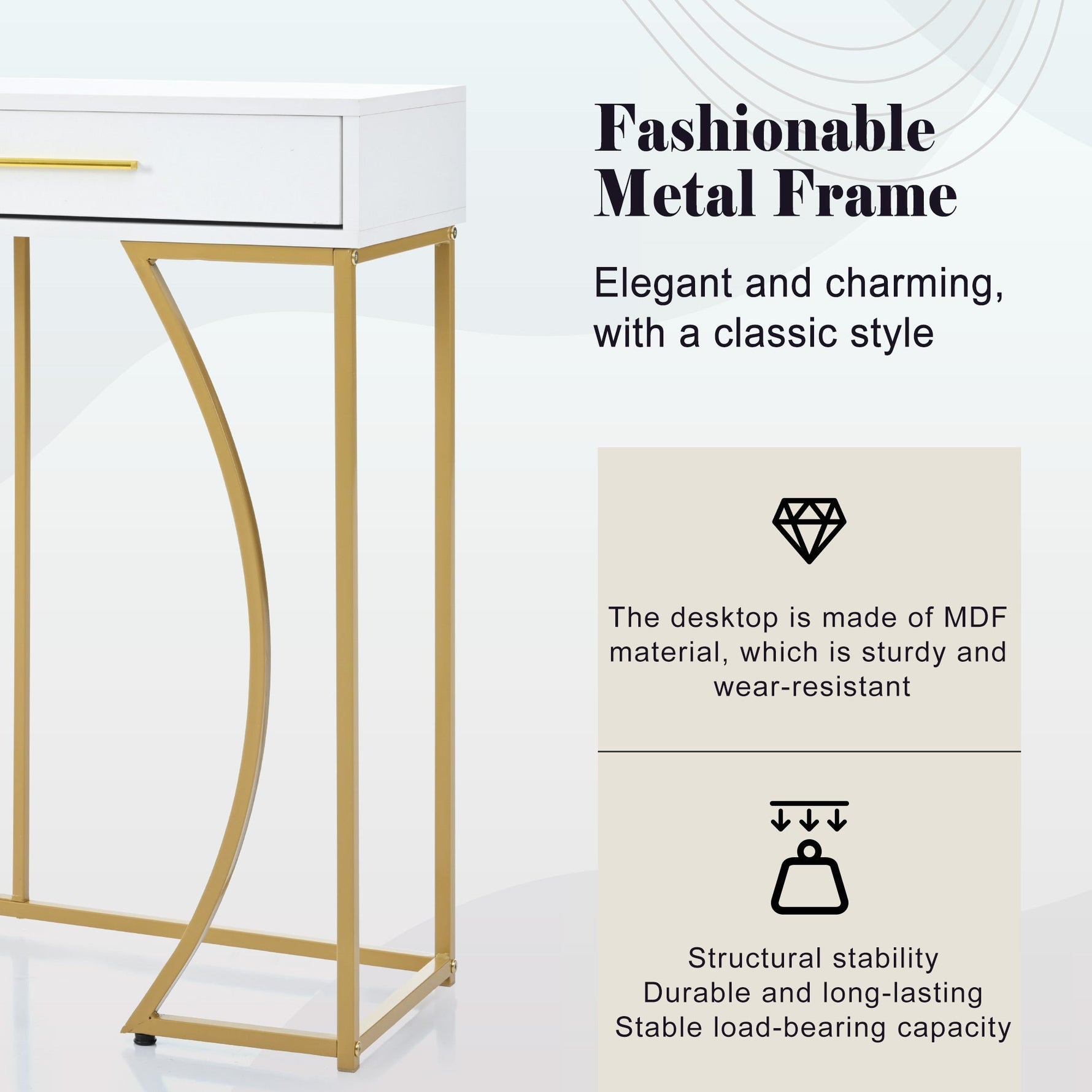 Console Table 2-Drawer Luxury Hallway Side Table 110x32x85 cm White/Gold