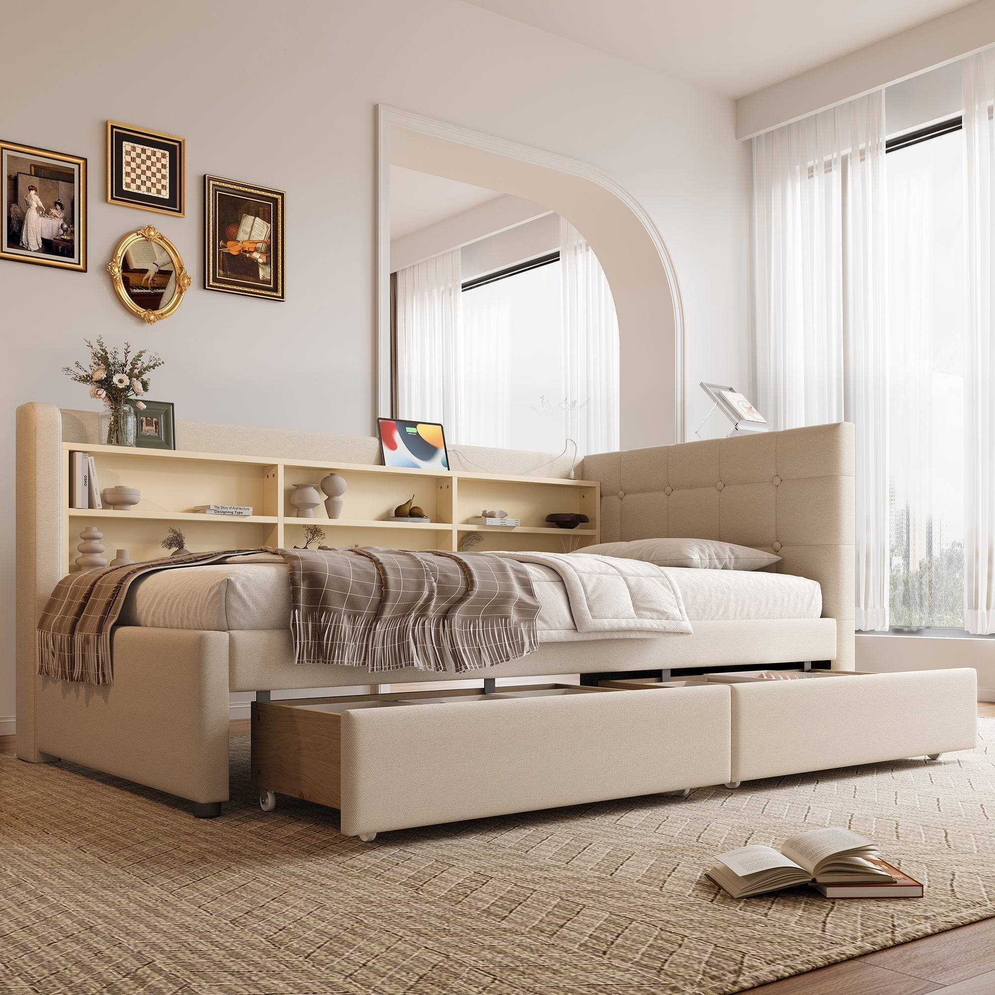 Daybed Sofa Bed 90x200cm 2 Drawers USB-Type C Storage - Linen Beige