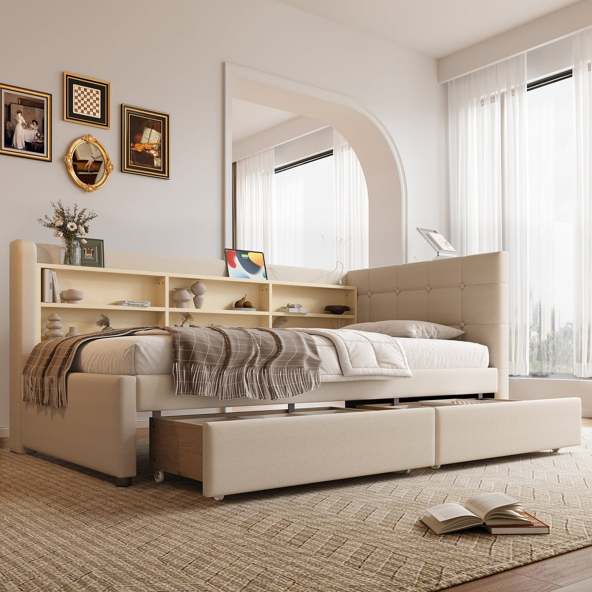 Daybed Sofa Bed 90x200cm 2 Drawers USB-Type C Storage - Linen Beige