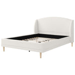 Upholstered Bed 140x190 cm with Winged Headboard and Slatted Base, Ivory White Bouclé Fabric