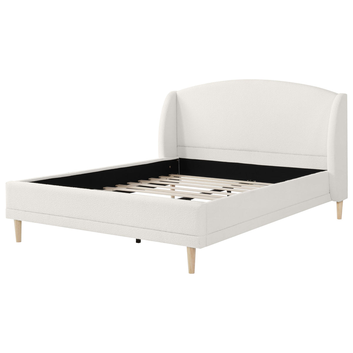 Upholstered Bed 140x190 cm with Winged Headboard and Slatted Base, Ivory White Bouclé Fabric