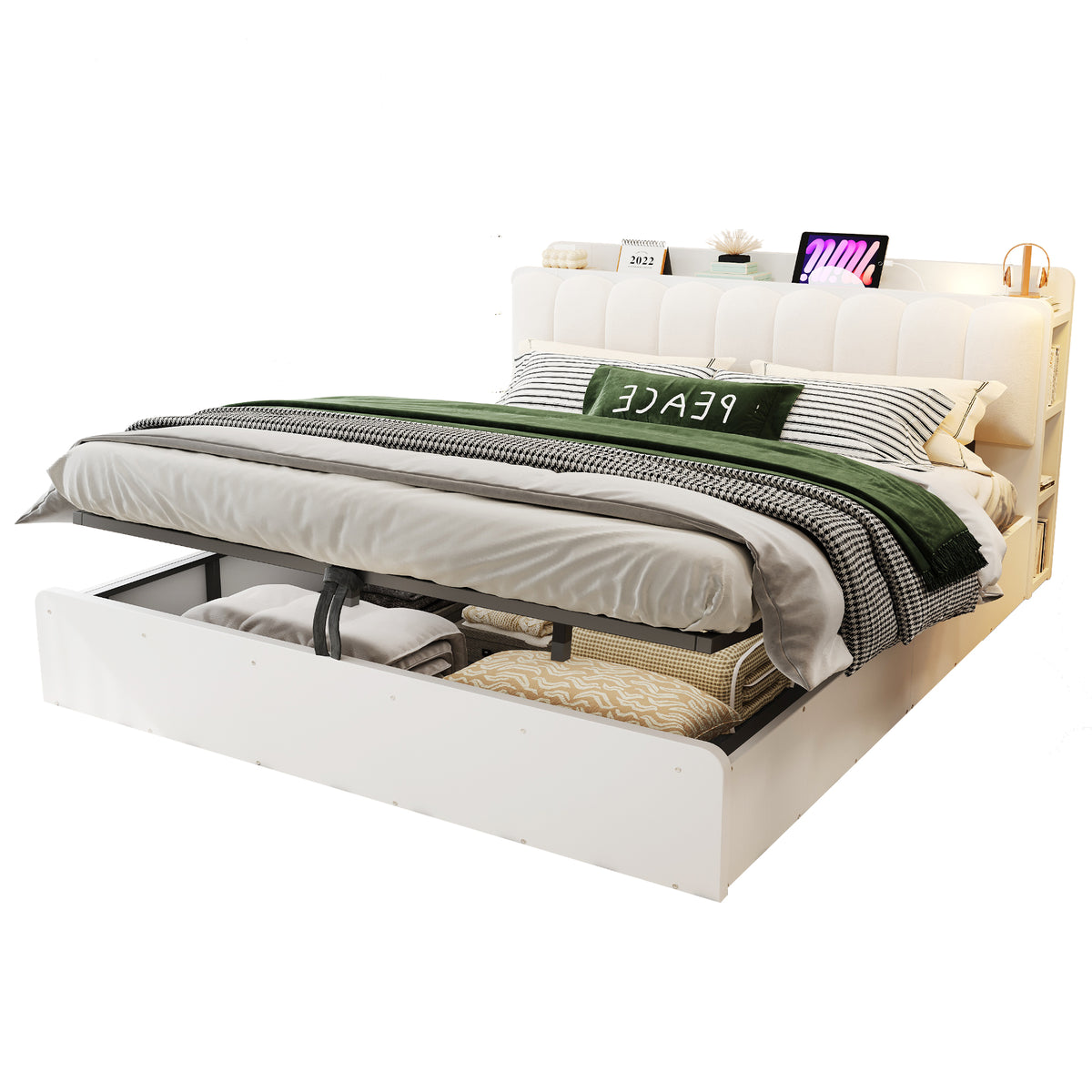 Wooden Flatbed 180x200cm with Hydraulic Storage & USB, White