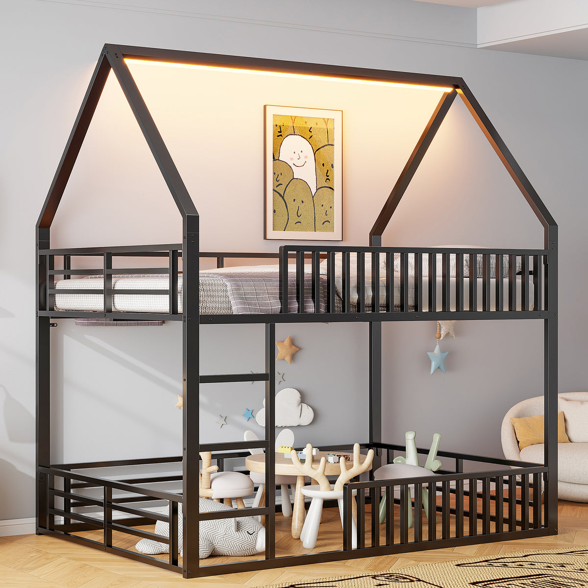 House-Shaped Bunk Bed 140x200 with Fence & LED Light, Black