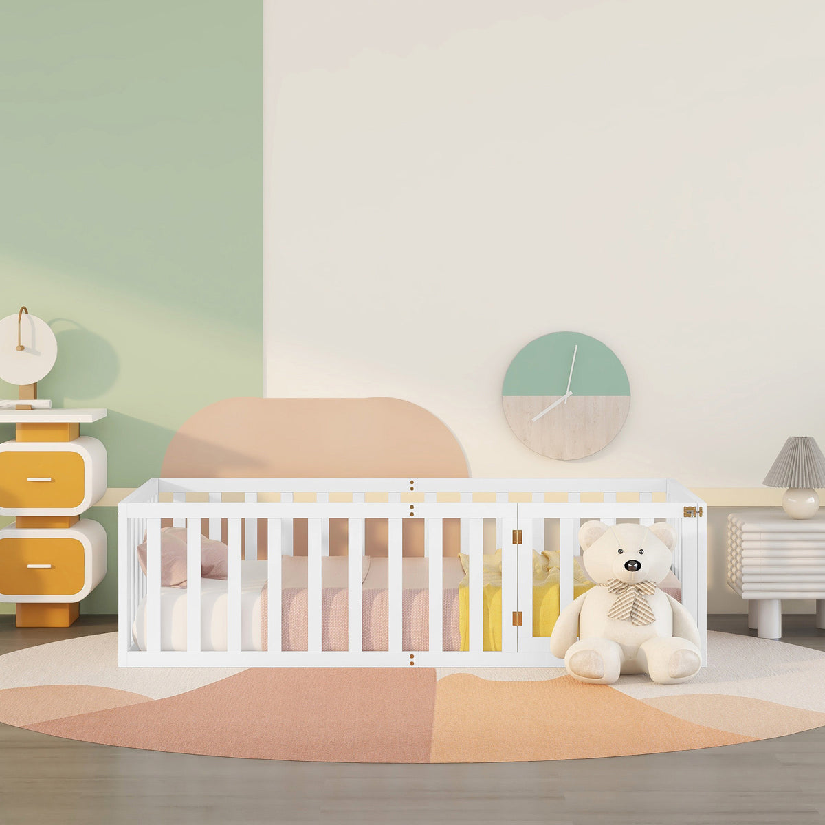 Children's Bed 90x200 Wooden Frame with Railing & Door, White