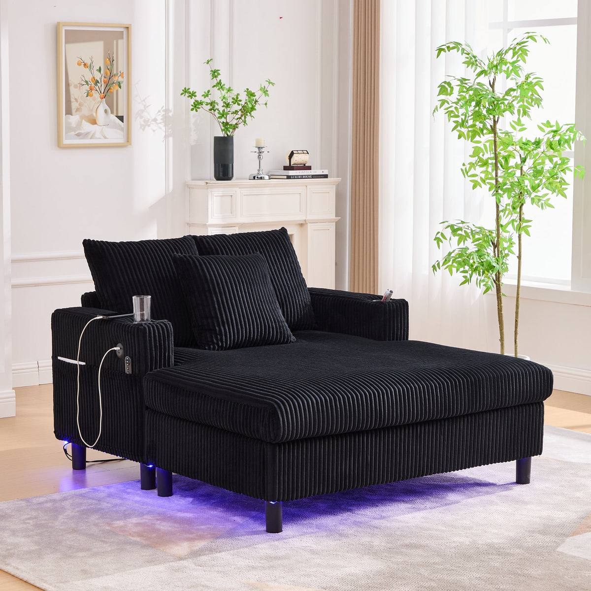 Chaise Longue Recliner, Soft with Cup Holders, USB Ports & LED Lighting