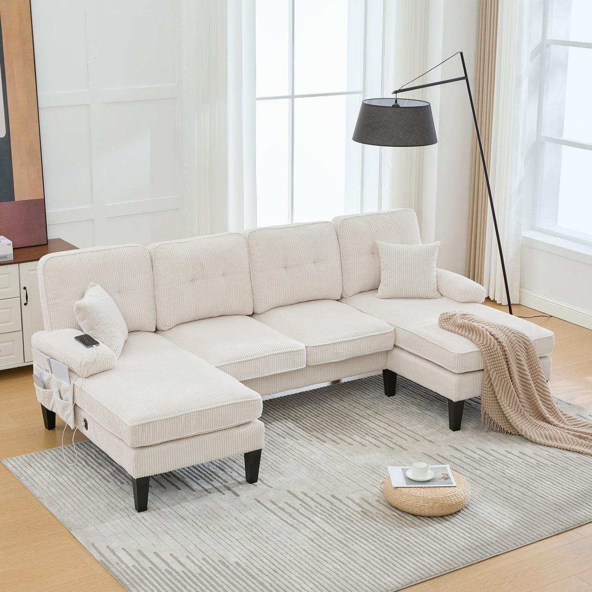 U-shaped Sofa Large 4-Seater Two Chaise Lounges Linen Fabric Beige