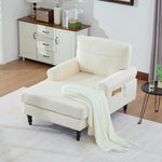 Chenille Fabric Lounger with Side Pockets and Wooden Legs, Modern Minimalist