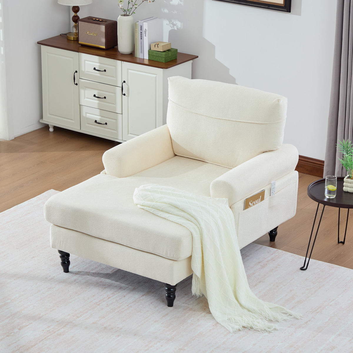 Chenille Fabric Lounger with Side Pockets and Wooden Legs, Modern Minimalist