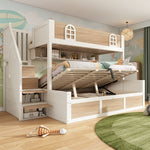 Children's Bunk Bed with Hydraulic Storage and Staircase Wardrobe, 90x200 and 140x200 cm, White and Natural Wood