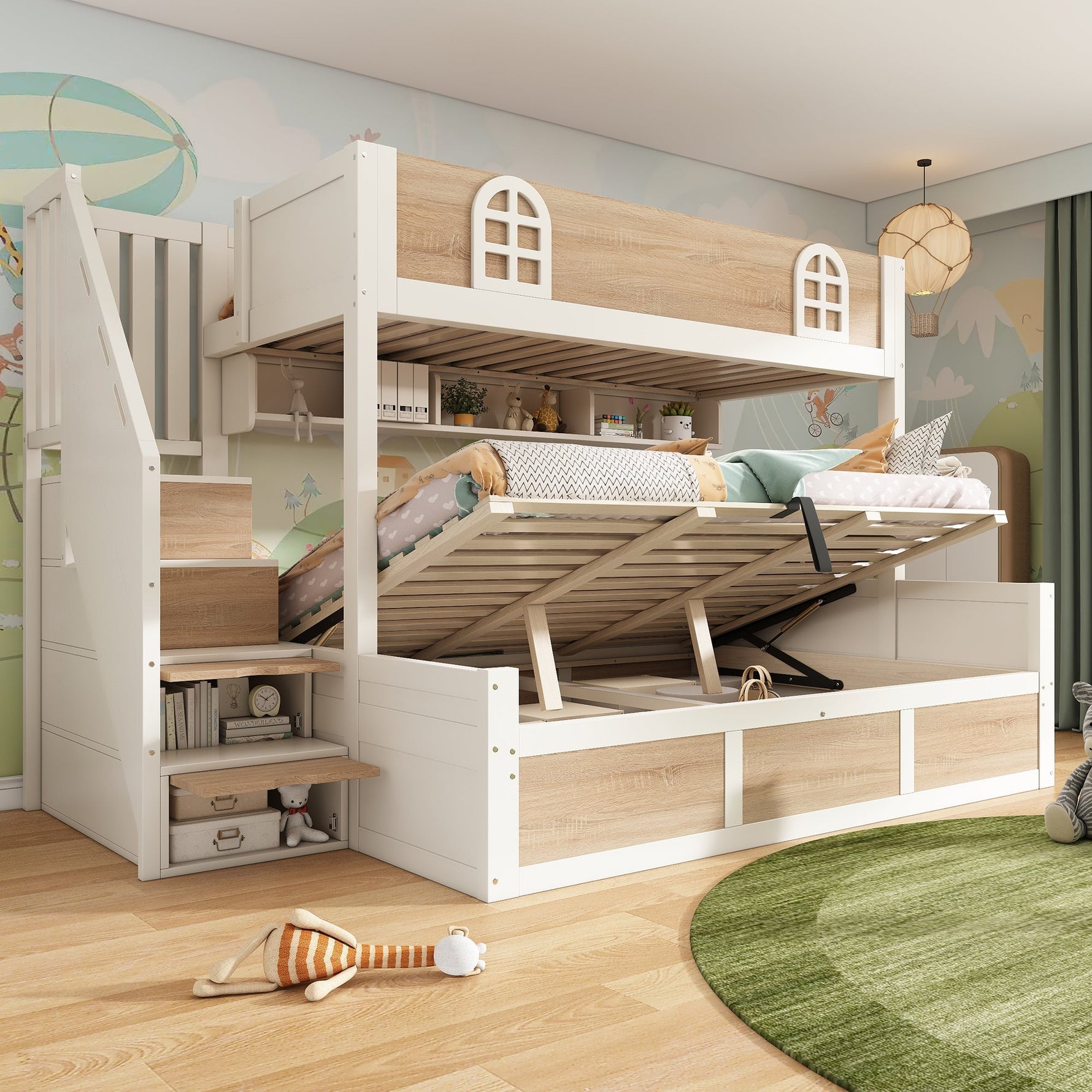 Children's Bunk Bed with Hydraulic Storage and Staircase Wardrobe, 90x200 and 140x200 cm, White and Natural Wood