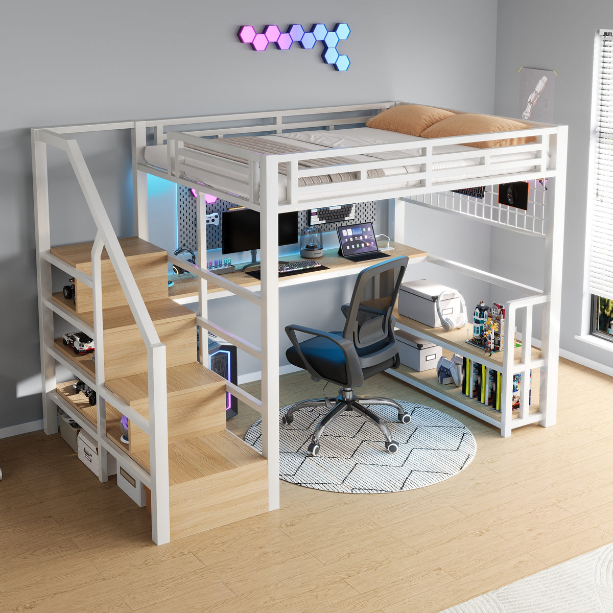 Loft Bed 140x200cm with Desk, Storage & LED, White Iron Frame