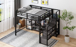 Loft Bed with TV Stand, Power Outlet and Safety Ladder, 140x200cm, Black Metal and Wood
