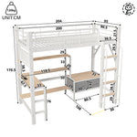 Loft Bed 90x200cm with Desk, Shelves & LED, White Iron Frame