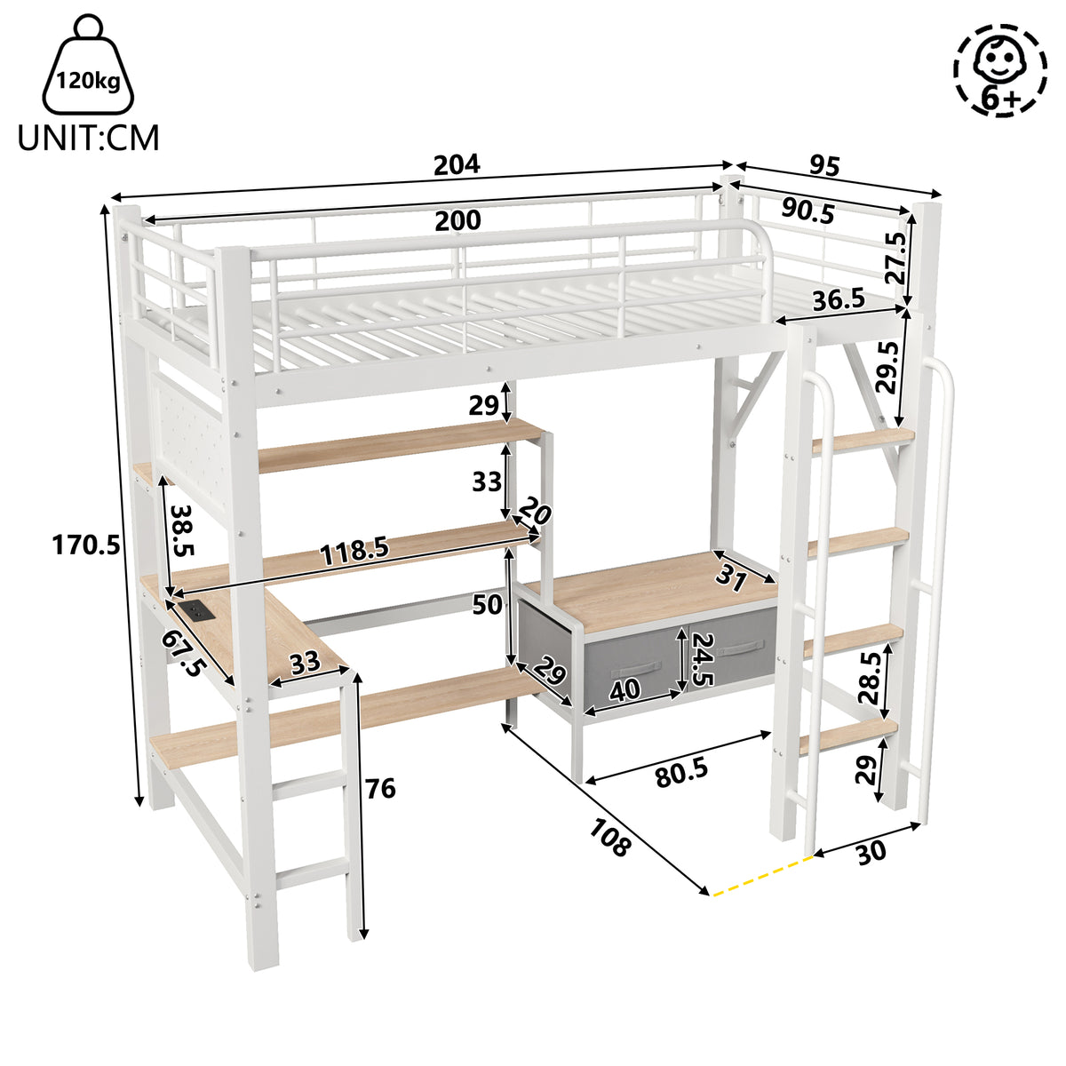 Loft Bed 90x200cm with Desk, Shelves & LED, White Iron Frame