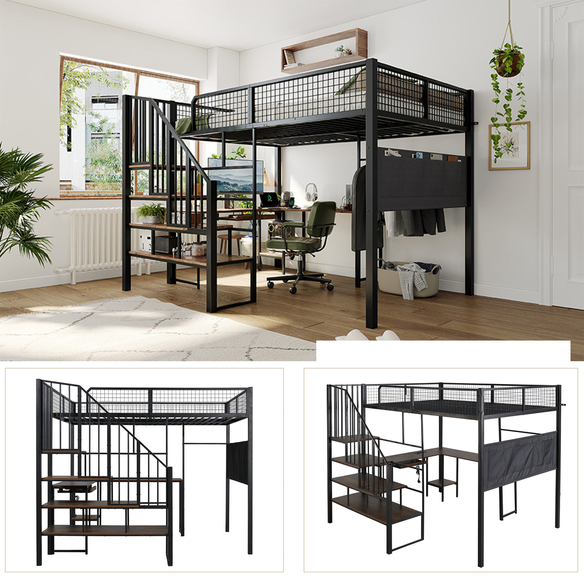Loft Bed 140x200 cm with Corner Desk & Stairs, Black Metal