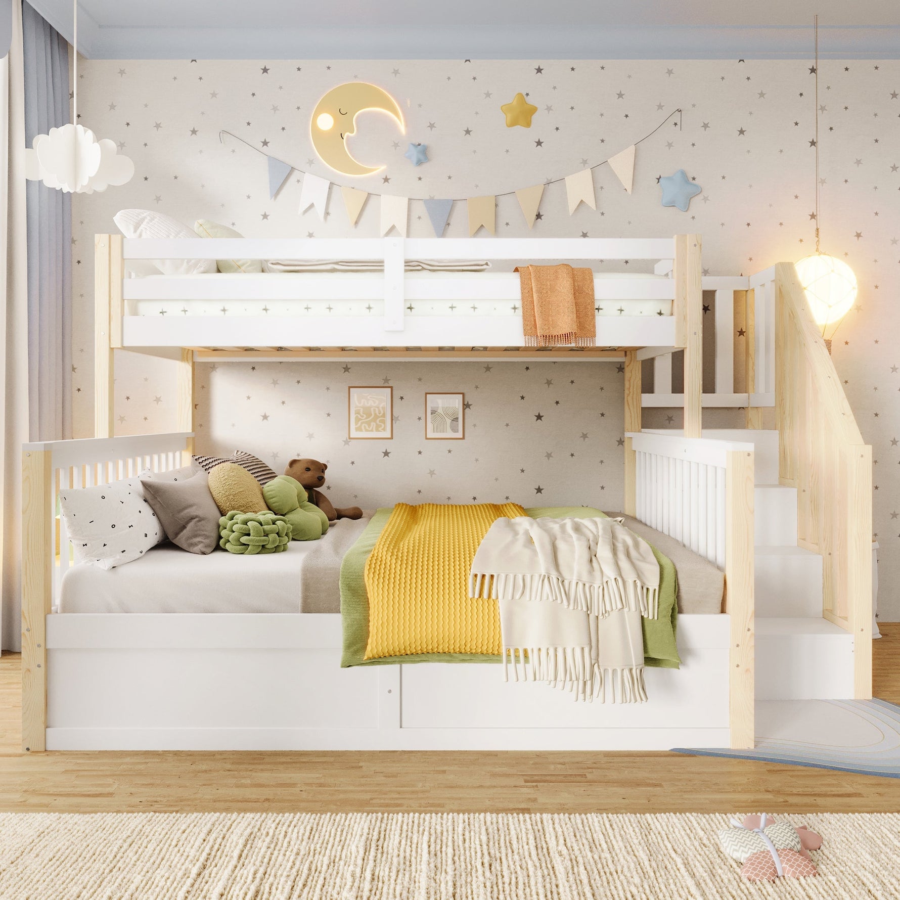 Bunk Bed 90x200/140x200cm Hydraulic Storage Ladder White/Natural