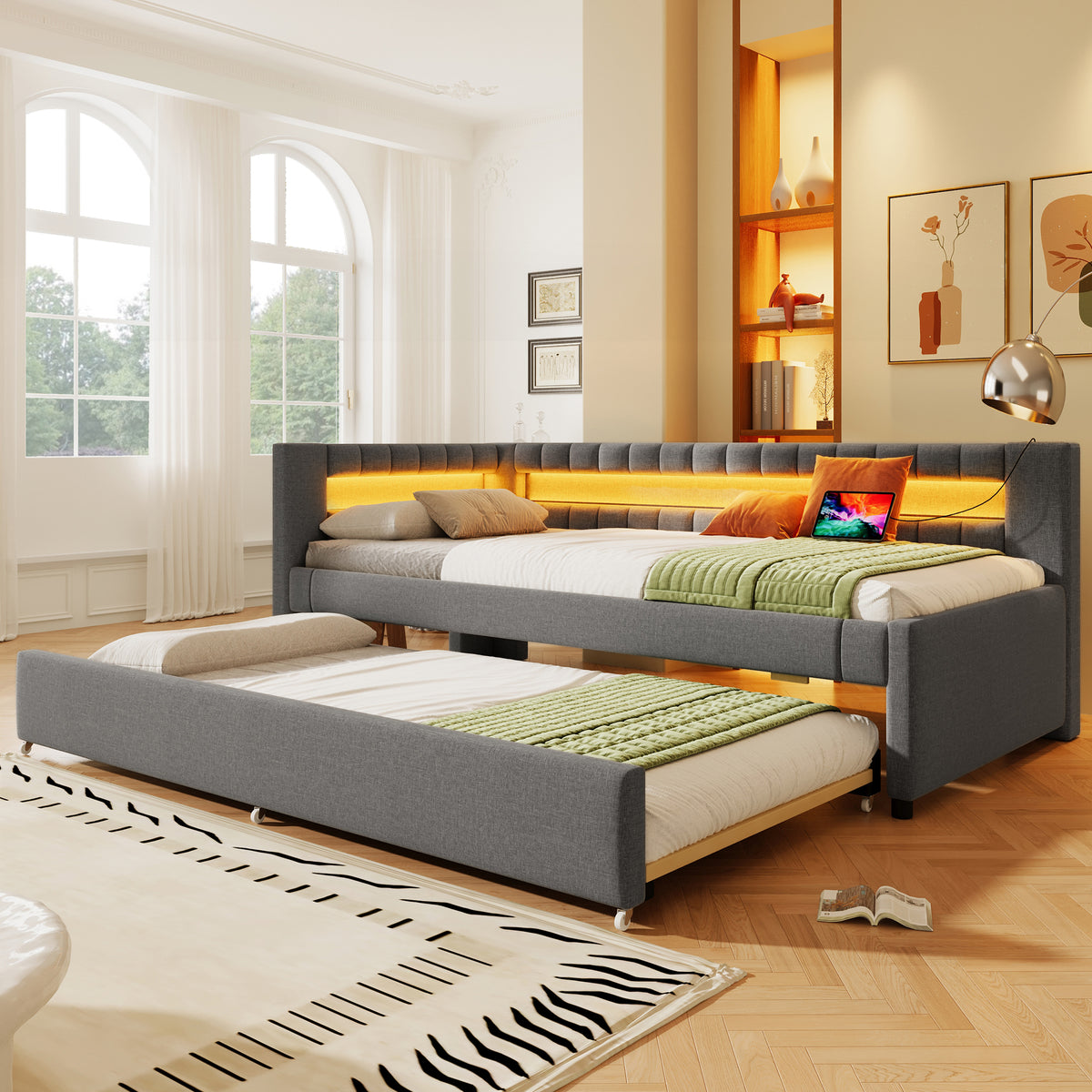 Daybed Sofa Bed 90x200cm with Trundle & LED, Grey Linen