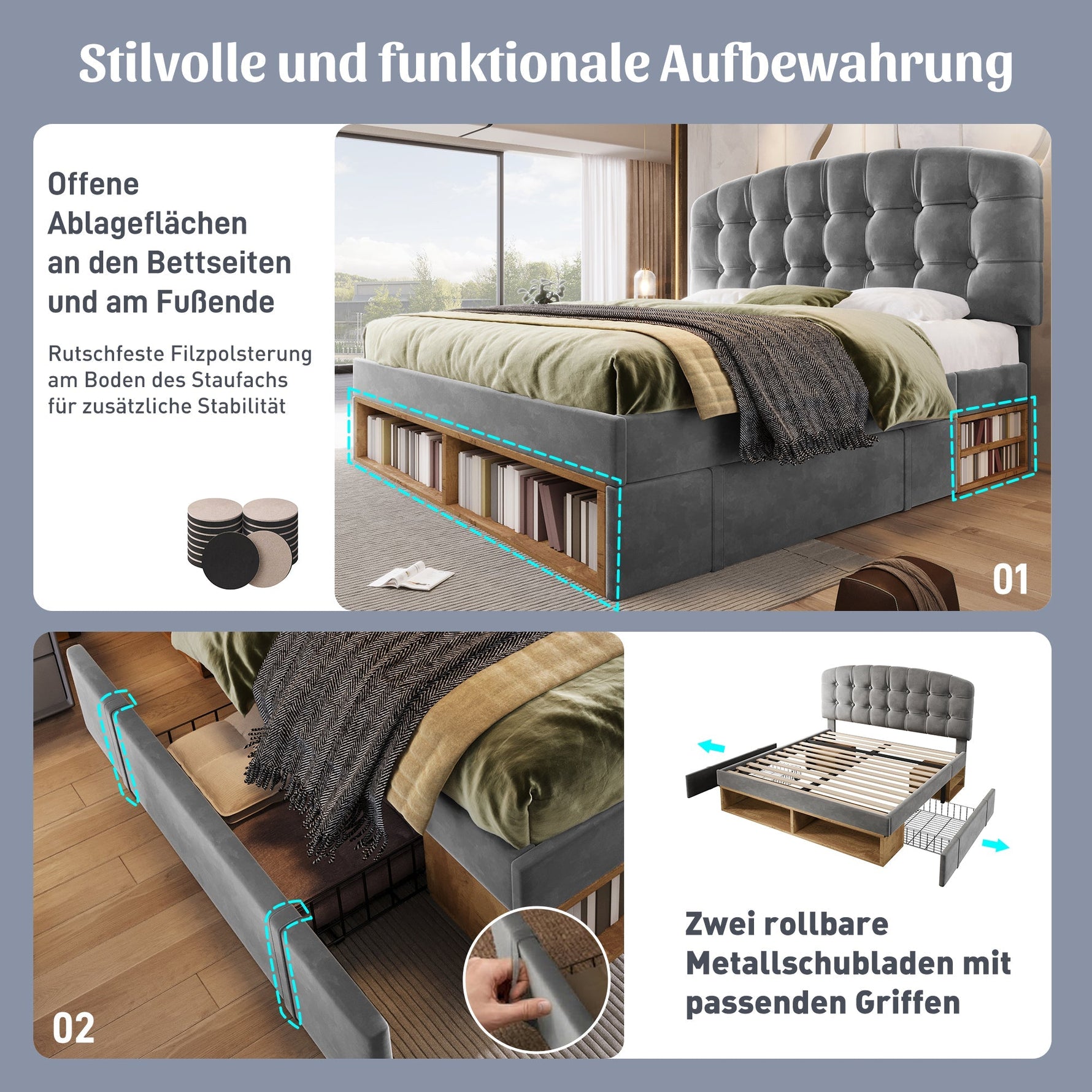 Upholstered Double Bed, 140x200cm with Storage Drawers and Adjustable Headboard, Grey Velvet