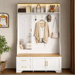 Hallway & Shoe Cabinet, LED, Mirror, Hooks, Drawers, Wood White