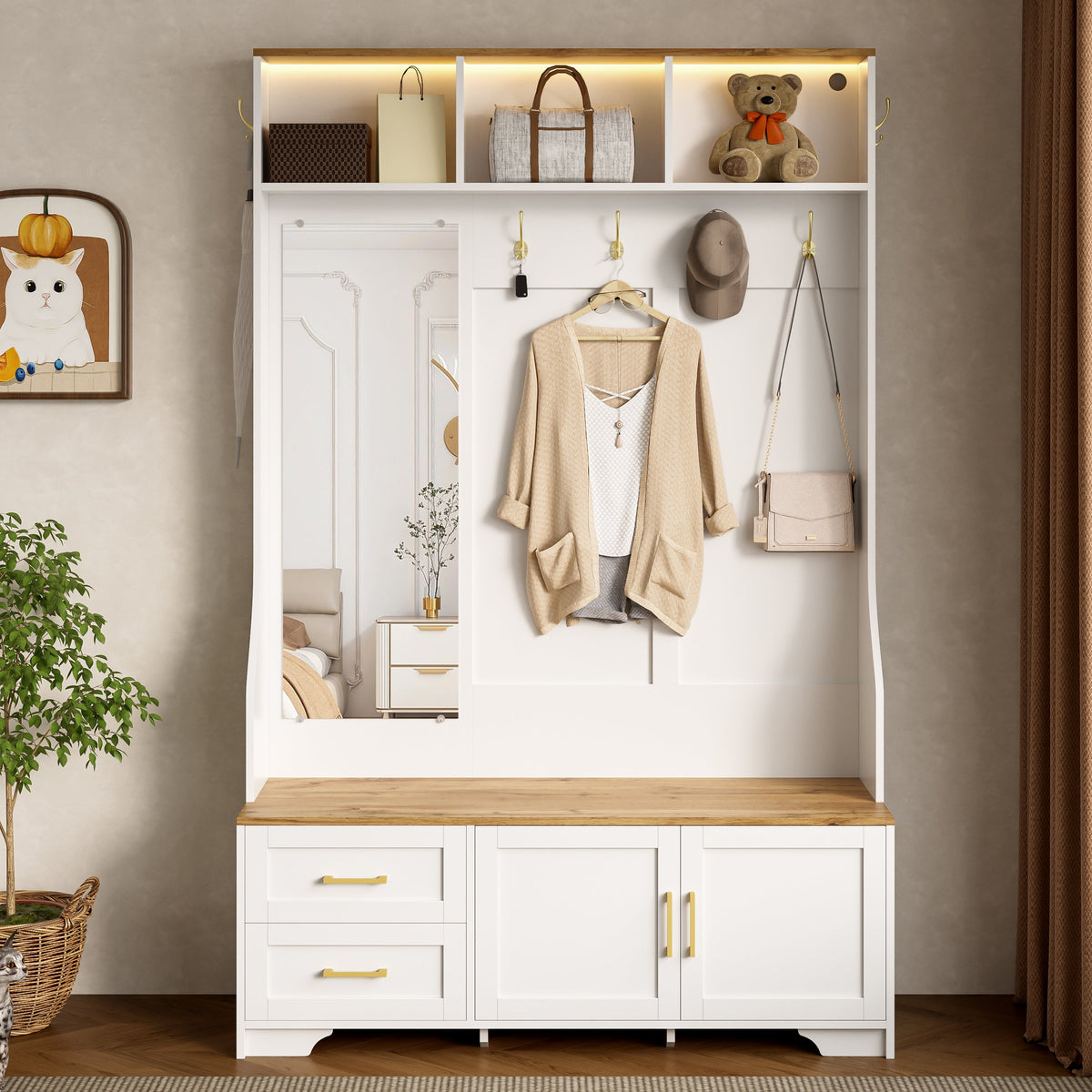 Hallway & Shoe Cabinet, LED, Mirror, Hooks, Drawers, Wood White